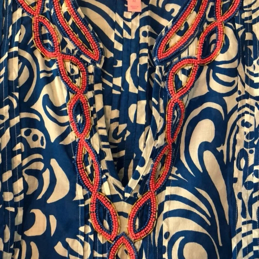Lilly Pulitzer “Sarasota” Blue and White Swirl Tunic with Beaded Trim - Picture 2 of 4